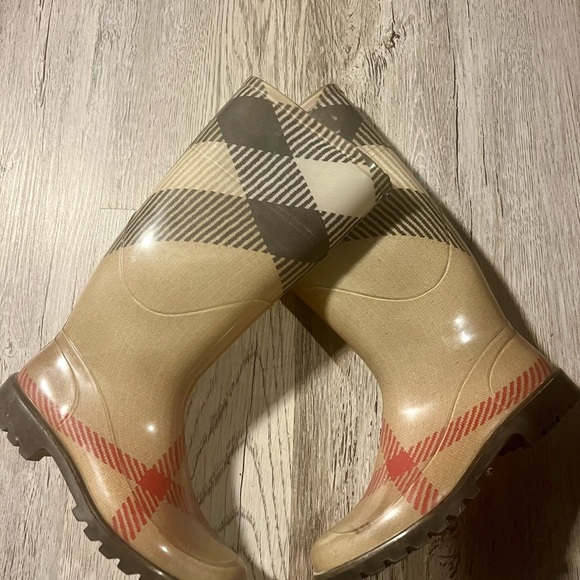 Burberry Beige and Black Plaid Rain Boots - Picture 1 of 6